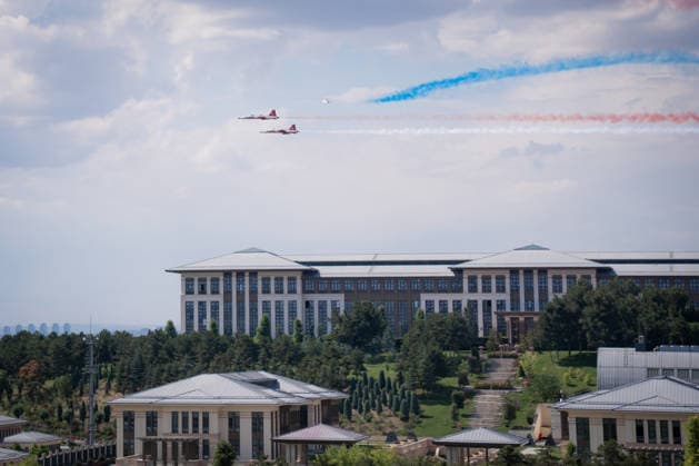 Turkish President Recep Tayyip Erdogan welcomes US President Donald Trump in Ankara ANKARA, TURKIYE - JULY 07: Turkish Stars, the aerobatic demonstration team of the Turkish Air Force, conduct a salute flight in the skies over the Turkish Presidential Complex where Turkish President Recep Tayyip Erdogan welcomes U.S. President Donald Trump, who arrived in Turkiye for an official visit ahead of the 36th NATO Summit of Heads of State and Government, in Ankara, Turkiye, on July 07, 2026. Ahmet Serdar Eser Anadolu Ankara Turkey. Editorial use only. Please get in touch for any other usage.  Copyright: x2026xAnadoluxAhmetxSerdarxEserx