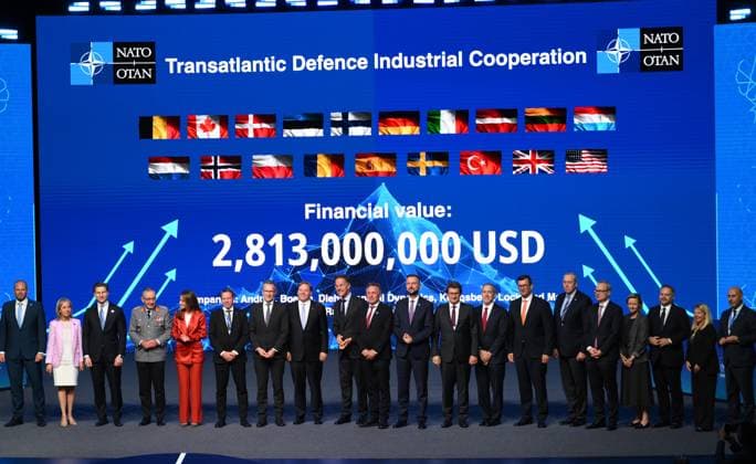 NATO Secretary General Mark Rutte, center, poses with NATO defense ministers and defense industry representatives during the NATO Defense Industry Forum at the NATO summit in Ankara, Turkey, Tuesday, July 7, 2026. ( Copyright: DepoxPhotos 19155612