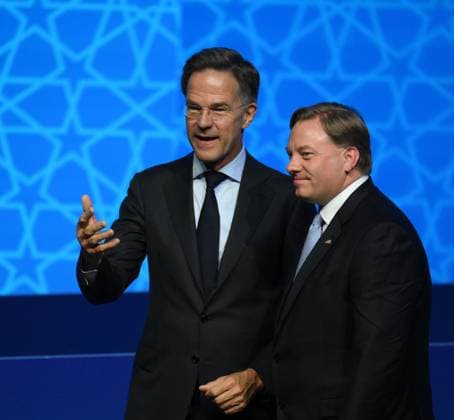 NATO Secretary General Mark Rutte, left, speaks with U.S. Under Secretary of Defense for Acquisition and Sustainment Michael Duffey during the NATO Defense Industry Forum at the NATO summit in Ankara, Turkey, Tuesday, July 7, 2026. ( Copyright: DepoxPhotos 19155640