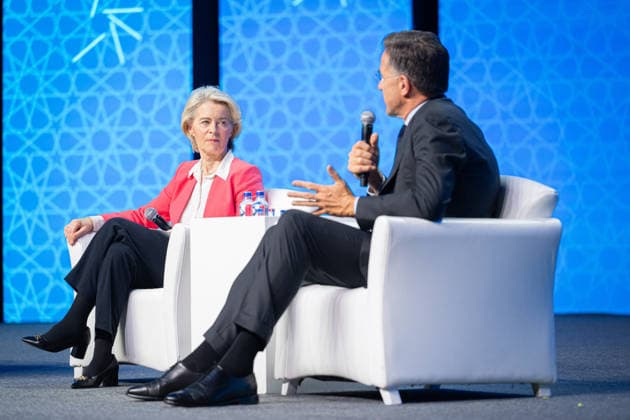 Ursula von der Leyen and Mark Rutte during NATO Summit - Ankara AJ European Commission President Ursula von der Leyen and NATO Secretary General Mark Rutte speaks during the Defence Industry Forum at the 36th NATO (OTAN) Heads of State and Government Summit in Ankara, Turkiye on July 7, 2026. Photo by Alexis Jumeau ABACAPRESS.COM. Ankara  Copyright: xJumeauxAlexis ABACAx
