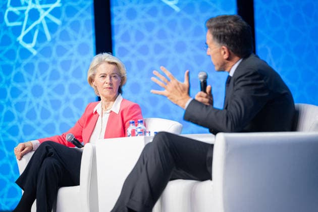 Ursula von der Leyen and Mark Rutte during NATO Summit - Ankara AJ European Commission President Ursula von der Leyen and NATO Secretary General Mark Rutte speaks during the Defence Industry Forum at the 36th NATO (OTAN) Heads of State and Government Summit in Ankara, Turkiye on July 7, 2026. Photo by Alexis Jumeau ABACAPRESS.COM. Ankara  Copyright: xJumeauxAlexis ABACAx