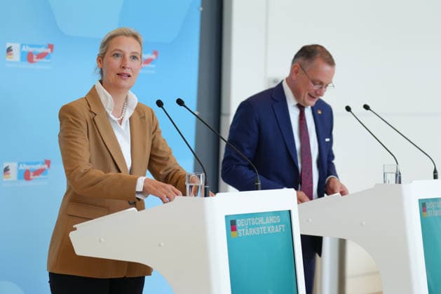 Pressekonferenz der AfD vor der Fraktionssitzung im Bundestag Alice Weidel gemeinsam mit Tino Chrupalla bei der Pressekonferenz im Vorfeld der Fraktionssitzung im Bundestag, Berlin, 07.07.2026 Berlin Berlin Deutschland *** AfD press conference ahead of the parliamentary group meeting in the Bundestag: Alice Weidel and Tino Chrupalla at the press conference ahead of the parliamentary group meeting in the Bundestag, Berlin, July 7, 2026, Berlin, Berlin, Germany