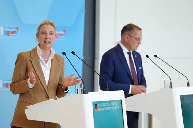 Pressekonferenz der AfD vor der Fraktionssitzung im Bundestag Alice Weidel gemeinsam mit Tino Chrupalla bei der Pressekonferenz im Vorfeld der Fraktionssitzung im Bundestag, die AfD Vorsitzende unterstreicht ihre Aussagen mit viel Gestik Berlin, 07.07.2026 Berlin Berlin Deutschland *** AfD press conference ahead of the parliamentary group meeting in the Bundestag: Alice Weidel, alongside Tino Chrupalla, at the press conference ahead of the parliamentary group meeting in the Bundestag; the AfD chairwoman emphasizes her statements with animated gestures. Berlin, July 7, 2026 Berlin Berlin Germany