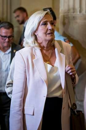 Marine Le Pen, president of the National Rally, leaves the Paris Court of Appeals, France, on July 7, 2026, following the verdict in the appeal trial of former and current RN members accused of embezzling European public funds in a case involving the creation of fictitious jobs at the European Parliament. The Court of Appeals sentenced Marine Le Pen, leader of France’s far right, to one year of house arrest with an electronic ankle monitor in connection with this case, thereby jeopardizing her presidential candidacy next April. She was also barred from running for office for 15 months, a ban that was set to expire this year. Vincenzo Armone Bestimage President of the Rassemblement National parliamentary group Marine Le Pen leaves after the  Copyright: xVincenzoxArnonex xBestimagexVincenzoxArnonex xBestimagex