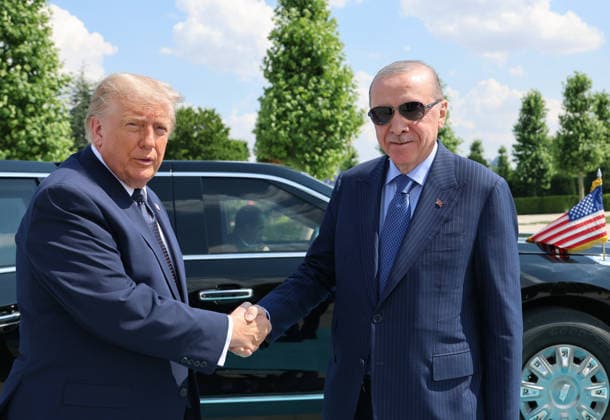Turkish President Erdogan welcomes US President Trump with official ceremony in Ankara ANKARA, TURKIYE - JULY 7: (----EDITORIAL USE ONLY MANDATORY CREDIT - TURKISH PRESIDENCY MURAT CETINMUHURDAR HANDOUT - NO MARKETING NO ADVERTISING CAMPAIGNS - DISTRIBUTED AS A SERVICE TO CLIENTS----) Turkish President Recep Tayyip Erdogan (R) welcomes US President Donald Trump (L), who is paying an official visit to Turkiye ahead of the 36th NATO Heads of State and Government Summit in Ankara, with an official ceremony at the Presidential Complex in Ankara, Turkiye on July 7, 2026. Turkish Presidency Murat Cetinmuhurdar Handout Anadolu Ankara Turkey. Editorial use only. Please get in touch for any other usage.  Copyright: x2026xAnadoluxTurkishxPresidencyx xMuratxCetinmuhurdarx xHandoutx