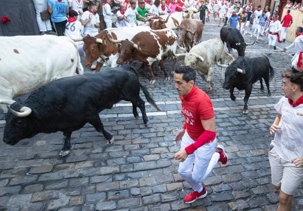 The first running-of-the-bulls in Pamplona, northern Spain on Monday morning, July 7, 2026 shows a group of fighting bulls, or toros bravos , from the ranch of Fuente Ymbro as the begins to turn a sharp corner on the Old City streets on their way to the bullring. The internationally famed Fiesta de San Fermin has a bull run each morning for seven days and the bulls are killed in the same afternoon by top matadors in bullfights during the unique Feria del Toro.  PAM20260707103 JimxHollander