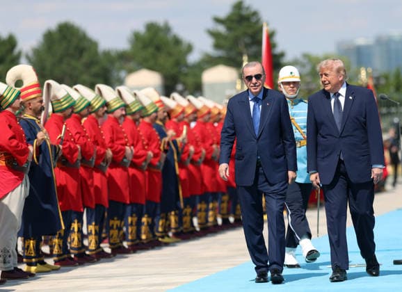 Turkish President Erdogan welcomes US President Trump with official ceremony in Ankara ANKARA, TURKIYE - JULY 7: (----EDITORIAL USE ONLY MANDATORY CREDIT - TURKISH PRESIDENCY MURAT KULA HANDOUT - NO MARKETING NO ADVERTISING CAMPAIGNS - DISTRIBUTED AS A SERVICE TO CLIENTS----) Turkish President Recep Tayyip Erdogan welcomes US President Donald Trump, who is paying an official visit to Turkiye for the 36th NATO Heads of State and Government Summit, with an official ceremony at Presidential Complex in Ankara, Turkiye, on July 7, 2026. Turkish Presidency Murat Kula Handout Anadolu Ankara Turkey. Editorial use only. Please get in touch for any other usage.  Copyright: x2026xAnadoluxTurkishxPresidencyx xMuratxKulax xHandoutx