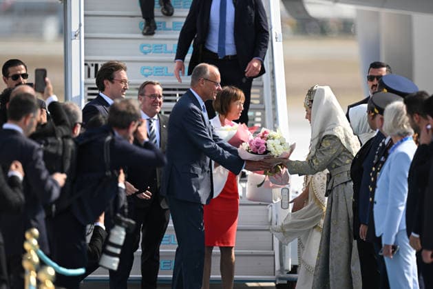 German Chancellor Friedrich Merz arrives Ankara for 36th NATO Summit ANKARA, TURKIYE - JULY 7: German Chancellor Friedrich Merz and his wife Charlotte Merz are welcomed after arriving at Ankara Airport for the 36th NATO Summit in Ankara, Turkiye on July 7, 2026. Muhammed Abdullah Kurtar Anadolu Ankara Turkey. Editorial use only. Please get in touch for any other usage.  Copyright: x2026xAnadoluxMuhammedxAbdullahxKurtarx