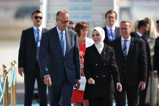 German Chancellor Friedrich Merz arrives Ankara for 36th NATO Summit ANKARA, TURKIYE - JULY 7: German Chancellor Friedrich Merz is welcomed by Turkish Family and Social Services Minister Mahinur Ozdemir Goktas after arriving at Ankara Airport for the 36th NATO Summit in Ankara, Turkiye on July 7, 2026. Muhammed Abdullah Kurtar Anadolu Ankara Turkey. Editorial use only. Please get in touch for any other usage.  Copyright: x2026xAnadoluxMuhammedxAbdullahxKurtarx
