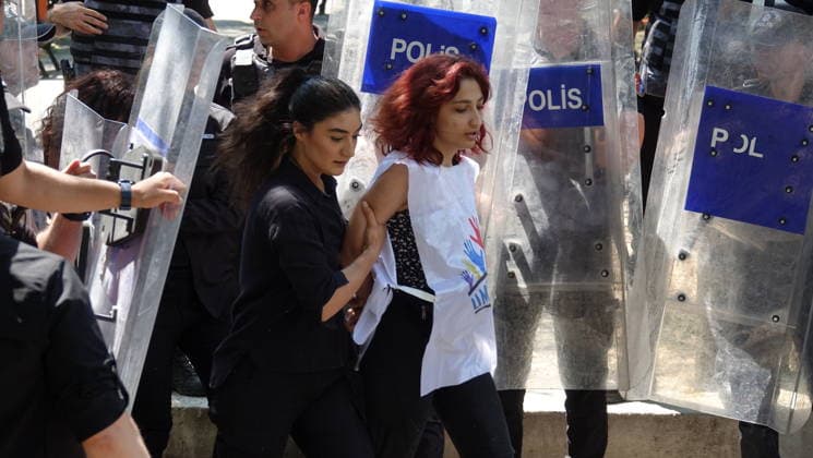 Numerous protesters were arrested during the NATO summit protest in Ankara Türkiye - July 07, 2026: The NATO summit, which began today in Ankara, was protested by opposition parties and NGOs. A group, including MPs from the Dem Party, the Workers Party of Turkey (T?P), the Labor Party (EMEP), the Social Freedom Party (TÖP), and the Socialist Solidarity Platform (SODAP), gathered near Kurtulu? Park in K?z?lay and was surrounded by police. Police detained all protesters except the MPs. At the same time, police intervened against other groups protesting in the same area. Many people were beaten and detained. Police attempted to silence the protesters, who were chanting anti-NATO and anti-government slogans, by covering their mouths. Protest Copyright: xx