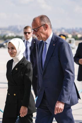 German Chancellor Friedrich Merz arrives Ankara for 36th NATO Summit ANKARA, TURKIYE - JULY 7: German Chancellor Friedrich Merz is welcomed by Turkish Family and Social Services Minister Mahinur Ozdemir Goktas after arriving at Ankara Airport for the 36th NATO Summit in Ankara, Turkiye on July 7, 2026. Osmancan Gurdogan Anadolu Ankara Turkey. Editorial use only. Please get in touch for any other usage.  Copyright: x2026xAnadoluxOsmancanxGurdoganx