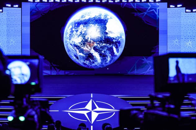July 7, 2026, Ankara, Turkiye, Turkiye: An image of Earth is projected on screen above the NATO logo during the Space and Surveillance segment of the NATO Summit Defence Industry Forum in Ankara. As technology develops rapidly and space activity accelerates, questions around access, security, governance and regulation have become increasingly prominent amid ongoing conflicts. Ankara Turkiye  - ZUMAo116 20260707_znp_o116_004 Copyright: xBiancaxOterox