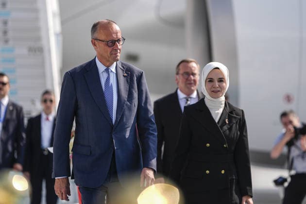 German Chancellor Friedrich Merz arrives Ankara for 36th NATO Summit ANKARA, TURKIYE - JULY 7: German Chancellor Friedrich Merz is welcomed by Turkish Family and Social Services Minister Mahinur Ozdemir Goktas after arriving at Ankara Airport for the 36th NATO Summit in Ankara, Turkiye on July 7, 2026. Osmancan Gurdogan Anadolu Ankara Turkey. Editorial use only. Please get in touch for any other usage.  Copyright: x2026xAnadoluxOsmancanxGurdoganx