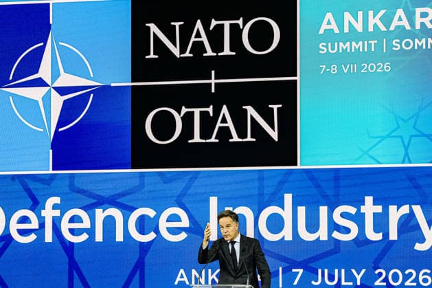 July 7, 2026, Ankara, Turkiye, Turkiye: NATO Secretary General MARK RUTTE, raises hand while speaking onstage with the background screen projecting the NATO logo in the background at the beginning of the NATO Summit Defence Industry Forum in Ankara. The Forum brought together Allied officials and defence-industry leaders to focus on scaling production, investment, innovation and joint procurement as NATO works towards its 5 percent defence and security investment commitment. Ankara Turkiye  - ZUMAo116 20260707_znp_o116_014 Copyright: xBiancaxOterox