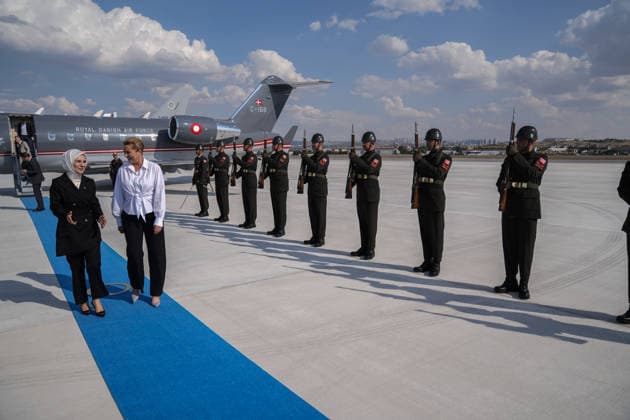 NATO Ankara Summit ANKARA, TURKIYE - JULY 7: Danish Prime Minister Mette Frederiksen is being welcomed by Turkish Minister of Family and Social Services Mahinur Ozdemir Goktas upon her arrival at Ankara Airport ahead of the 36th NATO Heads of State and Government Summit in Ankara, Turkiye, on July 7, 2026. Osmancan Gurdogan Anadolu Ankara Turkey. Editorial use only. Please get in touch for any other usage.  Copyright: x2026xAnadoluxOsmancanxGurdoganx