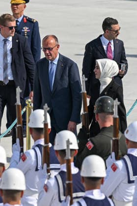 German Chancellor Friedrich Merz arrives Ankara for 36th NATO Summit ANKARA, TURKIYE - JULY 07: German Chancellor Friedrich Merz and his wife Charlotte Merz arrive at Ankara Airport ahead of the 36th NATO Summit in Ankara, Turkiye, on July 7, 2026. Turkish Minister of Family and Social Services Mahinur Ozdemir Goktas welcomes Chancellor Merz upon his arrival at the airport. Abdullah Guclu Anadolu Ankara Turkey. Editorial use only. Please get in touch for any other usage.  Copyright: x2026xAnadoluxAbdullahxGuclux