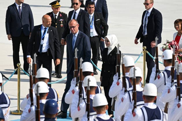 German Chancellor Friedrich Merz arrives Ankara for 36th NATO Summit ANKARA, TURKIYE - JULY 07: German Chancellor Friedrich Merz and his wife Charlotte Merz arrive at Ankara Airport ahead of the 36th NATO Summit in Ankara, Turkiye, on July 7, 2026. Turkish Minister of Family and Social Services Mahinur Ozdemir Goktas welcomes Chancellor Merz upon his arrival at the airport. Abdullah Guclu Anadolu Ankara Turkey. Editorial use only. Please get in touch for any other usage.  Copyright: x2026xAnadoluxAbdullahxGuclux