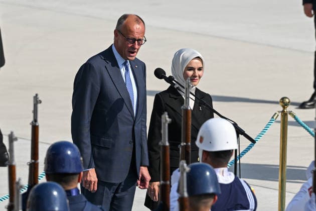 German Chancellor Friedrich Merz arrives Ankara for 36th NATO Summit ANKARA, TURKIYE - JULY 07: German Chancellor Friedrich Merz and his wife Charlotte Merz arrive at Ankara Airport ahead of the 36th NATO Summit in Ankara, Turkiye, on July 7, 2026. Turkish Minister of Family and Social Services Mahinur Ozdemir Goktas welcomes Chancellor Merz upon his arrival at the airport. Abdullah Guclu Anadolu Ankara Turkey. Editorial use only. Please get in touch for any other usage.  Copyright: x2026xAnadoluxAbdullahxGuclux