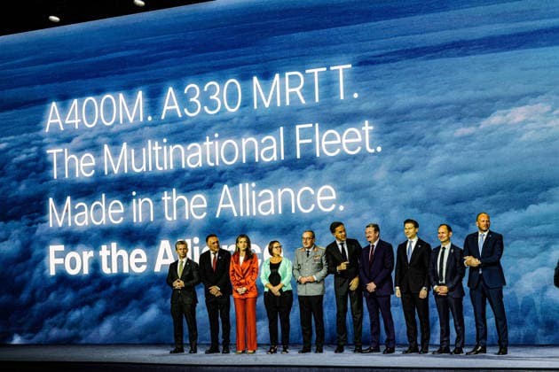 July 7, 2026, Ankara, Turkiye, Turkiye: NATO Secretary General MARK RUTTE (5th R) gestures on stage alongside European defence ministers, senior military delegates, and industry executives during the NATO Summit Defence Industry Forum at the ATO Congresium in Ankara. The presentation, titled A400M. A330 MRTT. The Multinational Fleet. Made in the Alliance. For the Alliance, celebrated Finland officially joining the Multinational MRTT Fleet (MMF) as its ninth member nation and marked the launch of a new, modelled-after-it shared Airbus A400M military transport aircraft programme. Ankara Turkiye - ZUMAo116 20260707_znp_o116_016 Copyright: xBiancaxOterox
