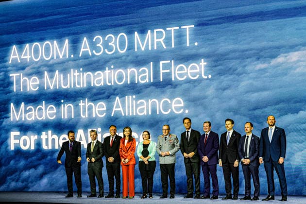 July 7, 2026, Ankara, Turkiye, Turkiye: NATO Secretary General MARK RUTTE (5th R) gestures on stage alongside European defence ministers, senior military delegates, and industry executives during the NATO Summit Defence Industry Forum at the ATO Congresium in Ankara. The presentation, titled A400M. A330 MRTT. The Multinational Fleet. Made in the Alliance. For the Alliance, celebrated Finland officially joining the Multinational MRTT Fleet (MMF) as its ninth member nation and marked the launch of a new, modelled-after-it shared Airbus A400M military transport aircraft programme. Ankara Turkiye - ZUMAo116 20260707_znp_o116_017 Copyright: xBiancaxOterox