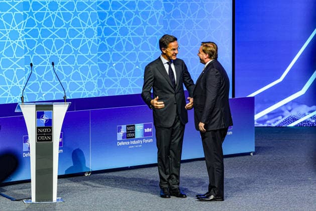 July 7, 2026, Ankara, Turkiye, Turkiye: NATO Deputy Spokesperson MARK SANDERS (R) and NATO Secretary General MARK RUTTE (L) stand together on stage ahead of the -Transatlantic Defence Industrial Cooperation in Action- announcement during the NATO Summit Defence Industry Forum (NSDIF) at the ATO Congresium in Ankara. The flagship initiative coordinates and streamlines joint multinational arms manufacturing, production scaling, and defence system purchasing agreements among allied countries. Ankara Turkiye  - ZUMAo116 20260707_znp_o116_024 Copyright: xBiancaxOterox