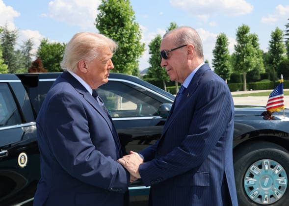 Turkish President Recep Tayyip ErdoÄüan welcomes U.S. President Donald Trump at the BeÅütepe Presidential Complex in Ankara on Tuesday, July 7, 2026, during a formal ceremony marking the NATO summit.  TUR2026070701 TurkishxPresidencyxOffice