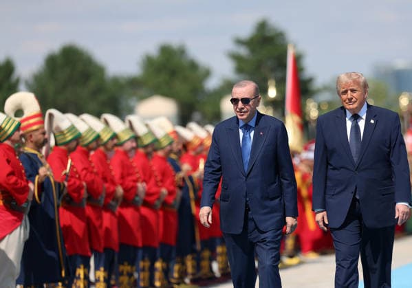 Turkish President Recep Tayyip ErdoÄüan welcomes U.S. President Donald Trump at the BeÅütepe Presidential Complex in Ankara on Tuesday, July 7, 2026, during a formal ceremony marking the NATO summit.  TUR2026070707 TurkishxPresidencyxOffice