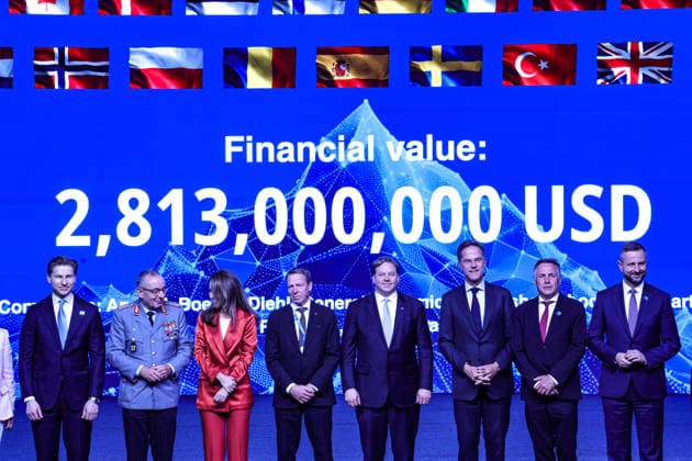 July 7, 2026, Ankara, Turkiye, Turkiye: NATO Deputy Spokesperson MARK SANDERS (4th R) and NATO Secretary General MARK RUTTE (3rd right) stand on stage with international defence ministers, military commanders, and industry executives in front of a digital screen displaying a total contract value of 2,813,000,000 USD during the NATO Summit Defence Industry Forum at the ATO Congresium. Ankara Turkiye  - ZUMAo116 20260707_znp_o116_025 Copyright: xBiancaxOterox