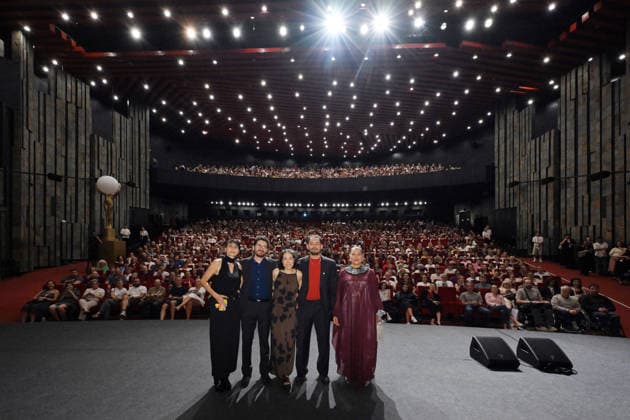 The 60th Karlovy Vary International Film Festival continued on its fifth day, in Karlovy Vary, Czech Republic, on July 7, 2026. A delegation of filmmakers presented the competition film Five Years and Four Months , a co-production between Colombia and the United States. From left: actress Jenny Nava, director Esteban Hoyos Garcia, cinematographer Paula Moreno, director Juan Miguel Gelacio and actress Carmina Martinez. (CTKxPhoto SlavomirxKubes) CTKPhotoP2026070707320  CTKPhotoP2026070707320