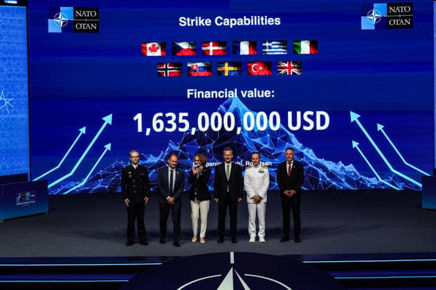 July 7, 2026, Ankara, Turkiye, Turkiye: NATO Deputy Secretary General RADMILA SEKERINSKA (3rd L) stands on stage with international defence officials and military commanders in front of a digital screen displaying a total contract value of 1,635,000,000 USD during the Strike Capabilities announcement at the NATO Summit Defence Industry Forum at the ATO Congresium. The multi-billion-dollar framework, representing one of three flagship industrial pillars alongside Space and Surveillance and Integrated Air and Missile Defence, coordinates precision munitions and missile production across an eleven-nation coalition involving defence firms Diehl and Roketsan. Ankara Turkiye  - ZUMAo116 20260707_znp_o116_028 Copyright: xBiancaxOterox