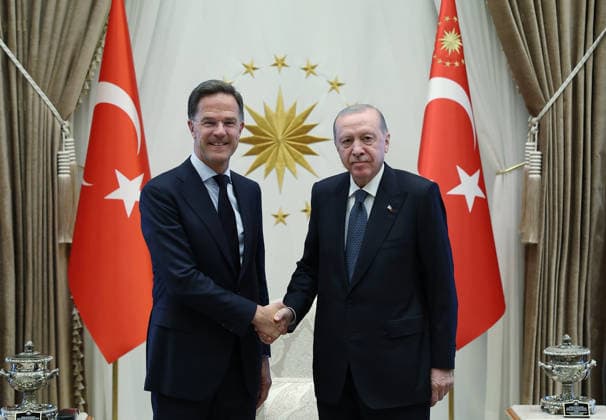 Turkish President Recep Tayyip ErdoÄüan welcomeS Mark Rutte, Secretary General of NATO at the BeÅütepe Presidential Complex in Ankara, Türkiye on Tuesday, July 6, 2026, during a formal ceremony marking the NATO summit.  TUR2026070711 NATO