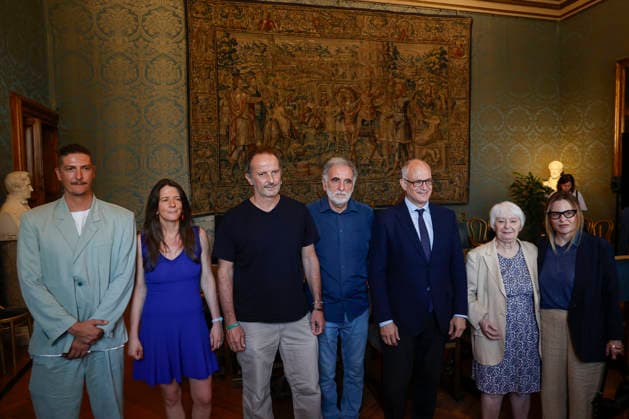 July 7, 2026, Rome, Rome, ITALY: From left, Alcide Pierantozzi, Elena Rui, Matteo Nucci, Michele Mari, Mayor Roberto Gualtieri, Bianca Pitzorno, and Teresa Ciabatti, finalist of the eightieth edition of the Strega Prize, during the press conference, Rome, 07 07 2026 Rome ITALY  - ZUMAa289 20260707_zia_a289_120 Copyright: xRiccardoxDexLucax xAgfx