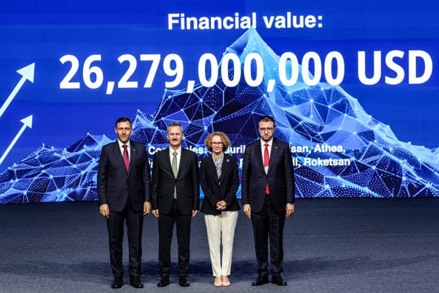 July 7, 2026, Ankara, Turkiye, Turkiye: Roketsan CEO MURAT IKINCI (L), President of the Turkish Secretariat of Defence Industries HALUK GORGUN (2nd L), NATO Deputy Secretary General RADMILA SEKERINSKA (2nd R), and ASELSAN CEO AHMET AKYOL (R) stand together on stage before a digital screen displaying a total contract value of 26,279,000,000 USD during the Integrated Air and Missile Defence (IAMD) segment of the NATO Summit Defence Industry Forum (NSDIF) at the ATO Congresium. The monumental multi-billion-dollar framework streamlines advanced multi-layered missile interception and early warning radar architecture across allied nations. Ankara Turkiye - ZUMAo116 20260707_znp_o116_033 Copyright: xBiancaxOterox