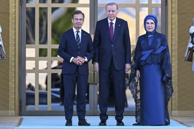 NATO Ankara Summit ANKARA, TURKIYE - JULY 7: Turkish President Recep Tayyip Erdogan and his wife Emine Erdogan welcome Swedish Prime Minister Ulf Kristersson during a reception hosted for heads of state and government attending the 36th NATO Summit and their spouses at the Presidential Complex in Ankara, Turkiye, on July 7, 2026. Mehmet Ali Ozcan Anadolu Ankara Turkey. Editorial use only. Please get in touch for any other usage.  Copyright: x2026xAnadoluxMehmetxAlixOzcanx