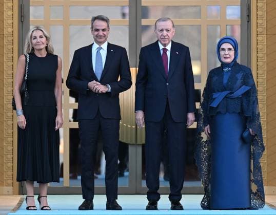 NATO Ankara Summit ANKARA, TURKIYE - JULY 07: Turkish President Recep Tayyip Erdogan and his wife Emine Erdogan welcome Greek Prime Minister Kyriakos Mitsotakis and his wife Mareva Grabowski-Mitsotakis during a reception hosted in honor of heads of state, heads of government and their spouses attending the 36th NATO Summit at the Presidential Complex in Ankara, Turkiye, on July 7, 2026. Mehmet Ali Ozcan Anadolu Ankara Turkey. Editorial use only. Please get in touch for any other usage.  Copyright: x2026xAnadoluxMehmetxAlixOzcanx
