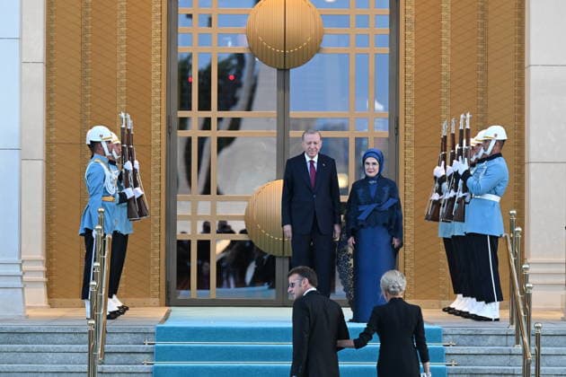 NATO Ankara Summit ANKARA, TURKIYE - JULY 7: Turkish President Recep Tayyip Erdogan and his wife Emine Erdogan welcome French President Emmanuel Macron and his wife Brigitte Macron during a reception hosted for heads of state and government attending the 36th NATO Summit and their spouses at the Presidential Complex in Ankara, Turkiye, on July 7, 2026. Mehmet Ali Ozcan Anadolu Ankara Turkey. Editorial use only. Please get in touch for any other usage.  Copyright: x2026xAnadoluxMehmetxAlixOzcanx