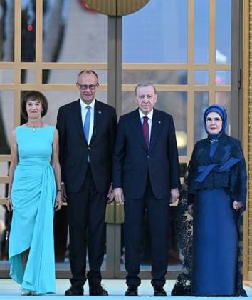 NATO Ankara Summit ANKARA, TURKIYE - JULY 7: Turkish President Recep Tayyip Erdogan (2nd R) and his wife Emine Erdogan (R) welcome German Chancellor Friedrich Merz (2nd L) and his wife, Charlotte Merz (L) during a reception hosted for heads of state and government attending the 36th NATO Summit and their spouses at the Presidential Complex in Ankara, Turkiye, on July 7, 2026. Mehmet Ali Ozcan Anadolu Ankara Turkey. Editorial use only. Please get in touch for any other usage.  Copyright: x2026xAnadoluxMehmetxAlixOzcanx