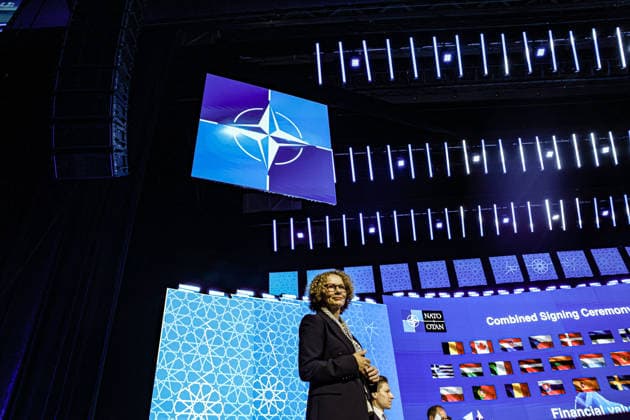 July 7, 2026, Ankara, Turkiye, Turkiye: NATO Deputy Secretary General RADMILA SEKERINSKA stands on stage during the Combined Signing segment of the NATO Summit Defence Industry Forum (NSDIF) at the ATO Congresium. Presiding over the historic procurement assembly, she officially opened three core alliance industrial portfoliosÃ¢â‚¬Space and Surveillance, Strike Capabilities, and Integrated Air and Missile DefenceÃ¢â‚¬which saw member nations collectively finalize dozens of multi-billion dollar joint manufacturing and weapons procurement contracts. Ankara Turkiye - ZUMAo116 20260707_znp_o116_043 Copyright: xBiancaxOterox