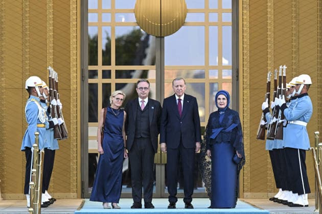 NATO Ankara Summit ANKARA, TURKIYE - JULY 07: Turkish President Recep Tayyip Erdogan and his wife Emine Erdogan welcome Belgian Prime Minister Bart De Wever and his wife Veerle Hegge during a reception hosted in honor of heads of state, heads of government and their spouses attending the 36th NATO Summit at the Presidential Complex in Ankara, Turkiye, on July 7, 2026. Mehmet Ali Ozcan Anadolu Ankara Turkey. Editorial use only. Please get in touch for any other usage.  Copyright: x2026xAnadoluxMehmetxAlixOzcanx