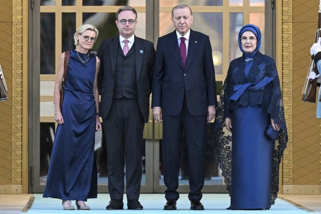 NATO Ankara Summit ANKARA, TURKIYE - JULY 07: Turkish President Recep Tayyip Erdogan and his wife Emine Erdogan welcome Belgian Prime Minister Bart De Wever and his wife Veerle Hegge during a reception hosted in honor of heads of state, heads of government and their spouses attending the 36th NATO Summit at the Presidential Complex in Ankara, Turkiye, on July 7, 2026. Mehmet Ali Ozcan Anadolu Ankara Turkey. Editorial use only. Please get in touch for any other usage.  Copyright: x2026xAnadoluxMehmetxAlixOzcanx