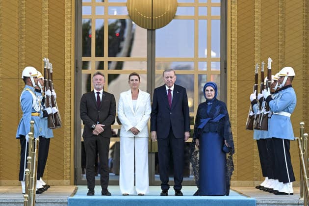 NATO Ankara Summit ANKARA, TURKIYE - JULY 07: Turkish President Recep Tayyip Erdogan and his wife Emine Erdogan welcome Danish Prime Minister Mette Frederiksen during a reception hosted in honor of heads of state, heads of government and their spouses attending the 36th NATO Summit at the Presidential Complex in Ankara, Turkiye, on July 7, 2026. Mehmet Ali Ozcan Anadolu Ankara Turkey. Editorial use only. Please get in touch for any other usage.  Copyright: x2026xAnadoluxMehmetxAlixOzcanx