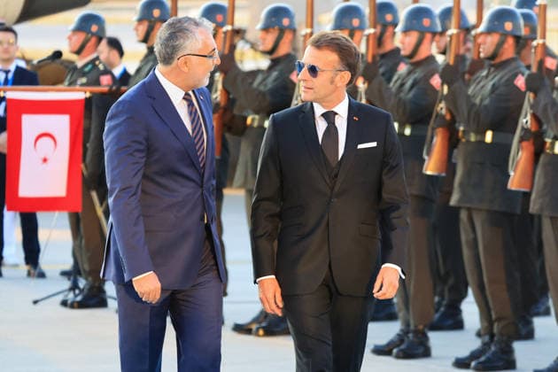 NATO Summit - President Macron Arrives in Turkey - Ankara France s President Emmanuel Macron (R) arrives at Esenboga Airport to attend the 36th NATO Heads of State and Government Summit in Ankara on July 7, 2026. Photo by Ludovic Marin Pool ABACAPRESS.COM Ankara Turkey  Copyright: xMarinxLudovic Pool ABACAx