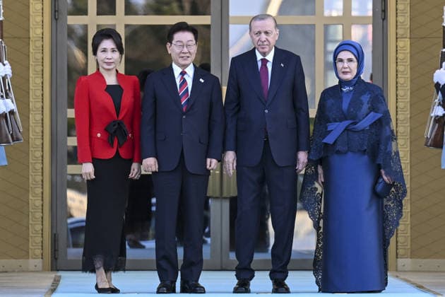 NATO Ankara Summit ANKARA, TURKIYE - JULY 7: Turkish President Recep Tayyip Erdogan (2nd R) and his wife Emine Erdogan (R) welcome South Korean President Lee Jae Myung (2nd L) and his wife, Kim Hye Kyung (L) during a reception hosted for heads of state and government attending the 36th NATO Summit and their spouses at the Presidential Complex in Ankara, Turkiye, on July 7, 2026. Mehmet Ali Ozcan Anadolu Ankara Turkey. Editorial use only. Please get in touch for any other usage.  Copyright: x2026xAnadoluxMehmetxAlixOzcanx