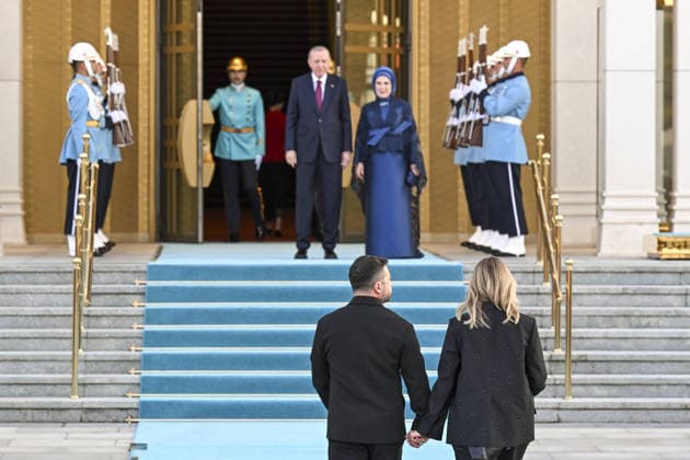 NATO Ankara Summit ANKARA, TURKIYE - JULY 7: Turkish President Recep Tayyip Erdogan (rear left) and his wife Emine Erdogan (rear right) welcome Ukrainian President Volodymyr Zelenskyy (front left) and his wife, Olena Zelenska (front right), during a reception hosted for heads of state and government attending the 36th NATO Summit and their spouses at the Presidential Complex in Ankara, Turkiye, on July 7, 2026. Mehmet Ali Ozcan Anadolu Ankara Turkey. Editorial use only. Please get in touch for any other usage.  Copyright: x2026xAnadoluxMehmetxAlixOzcanx