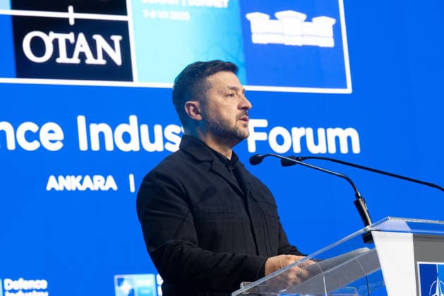 Volodymyr Zelenskyy, the President of Ukraine, speaks at the Defence Industry Forum during the 2026 NATO Ankara Summit in Ankara, Turkiye, on July 7, 2026.  TUR2026070724 NATO
