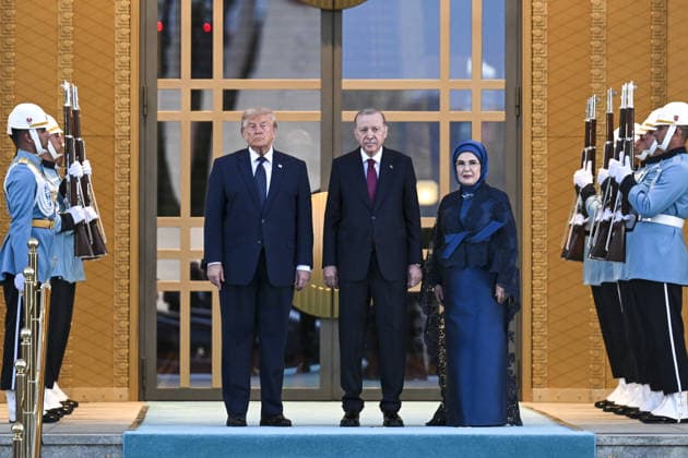 36th NATO Summit in Ankara ANKARA, TURKIYE - JULY 7: Turkish President Recep Tayyip Erdogan and his wife Emine Erdogan welcome US President Donald Trump during a reception hosted in honor of heads of state, heads of government and their spouses attending the 36th NATO Summit at the Presidential Complex in Ankara, Turkiye on July 7, 2026. Mehmet Ali Ozcan Anadolu Ankara Turkey. Editorial use only. Please get in touch for any other usage.  Copyright: x2026xAnadoluxMehmetxAlixOzcanx