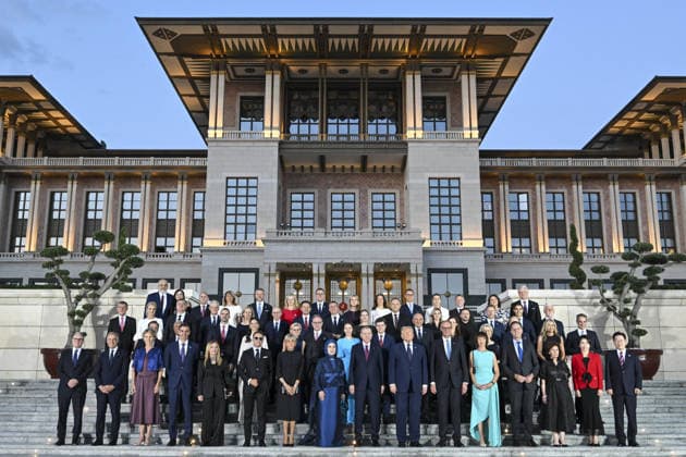 36th NATO Summit in Ankara ANKARA, TURKIYE - JULY 7: Turkish President Recep Tayyip Erdogan and his wife Emine Erdogan pose for a family photo with the summit participants during a reception at the Presidential Complex in honor of heads of state and government, along with their spouses, attending the 36th NATO Summit in Ankara, Turkiye on July 7, 2026. Mehmet Ali Ozcan Anadolu Ankara Turkey. Editorial use only. Please get in touch for any other usage.  Copyright: x2026xAnadoluxMehmetxAlixOzcanx