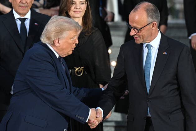 36th NATO Summit in Ankara ANKARA, TURKIYE - JULY 7: US President Donald Trump and German Chancellor Friedrich Merz shake hands before the family photo with the summit participants during a reception at the Presidential Complex in honor of heads of state and government, along with their spouses, attending the 36th NATO Summit in Ankara, Turkiye on July 7, 2026. Mehmet Ali Ozcan Anadolu Ankara Turkey. Editorial use only. Please get in touch for any other usage.  Copyright: x2026xAnadoluxMehmetxAlixOzcanx