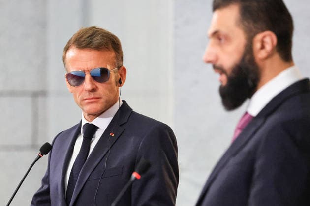 President Macron and President al-Sharaa Joint Press Conference - Damascus France s President Emmanuel Macron (L) and Syrian President Ahmed al-Sharaa give a joint press conference in Damascus on July 7, 2026. French President Emmanuel Macron arrived in Damascus on July 6, 2026 for the first visit by a Western European head of state since Syria s new authorities took power in 2024, an AFP journalist said. Macron, who will depart on July 7, 2026, will advocate for a free, pluralist Syria that respects each of its components and plays a role in moderating Middle East tensions, the French presidency told journalists ahead of his arrival. Photo by Ludovic Marin Pool ABACAPRESS.COM Damascus Syria  Copyright: xMarinxLudovic Pool ABACAx