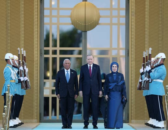 NATO Ankara Summit ANKARA, TURKIYE - JULY 7: (----EDITORIAL USE ONLY - MANDATORY CREDIT - TURKISH PRESIDENCY MURAT KULA HANDOUT - NO MARKETING NO ADVERTISING CAMPAIGNS - DISTRIBUTED AS A SERVICE TO CLIENTS----) Turkish President Recep Tayyip Erdogan (C) and his wife Emine Erdogan (R) welcome President of the European Council Antonio Costa (L) during a reception hosted for heads of state and government attending the 36th NATO Summit and their spouses at the Presidential Complex in Ankara, Turkiye, on July 7, 2026. Turkish Presidency Murat Kula Handout Anadolu Ankara Turkey. Editorial use only. Please get in touch for any other usage.  Copyright: x2026xAnadoluxTurkishxPresidencyx xMuratxKulax xHandoutx